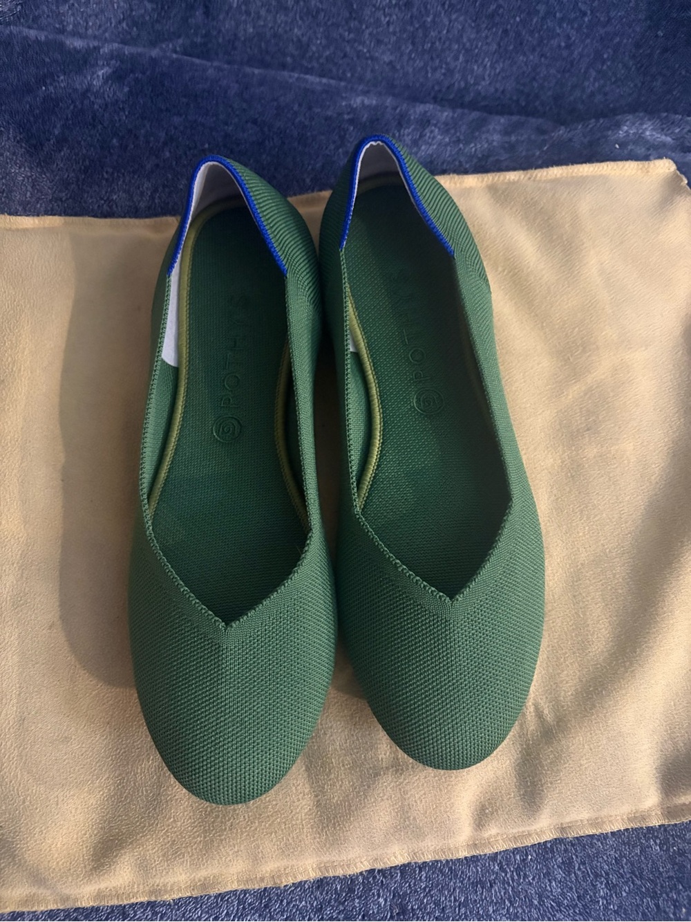 Rothy's Dark Green Slip-On Ballet Flats with Blue Trim